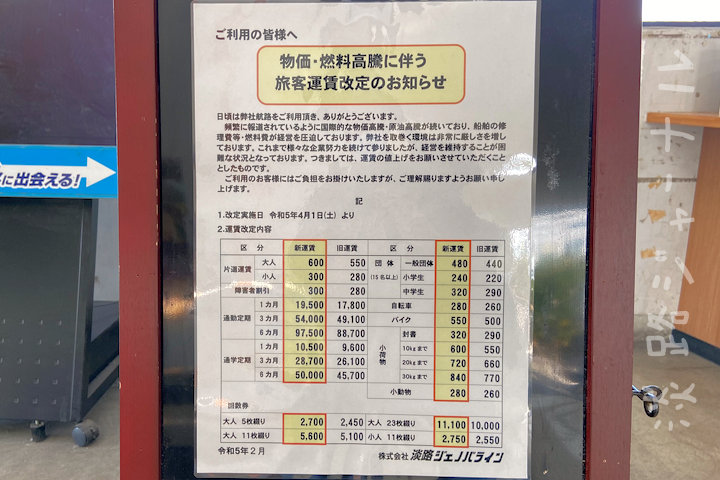 淡路ジェノバラインの運賃が4月に改定